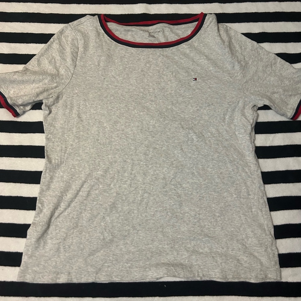 Tommy Hilfiger Heather Gray Tee with Red and Black Accents